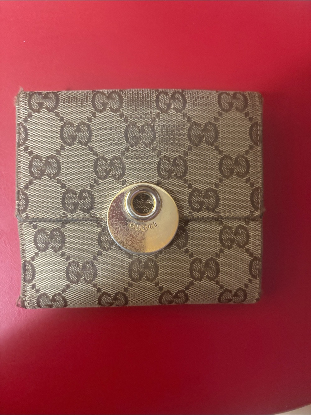 Gucci Beige/Brown Monogram Snap Wallet with Gold-Tone Button